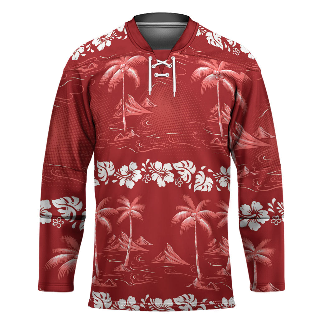 Red Hawaii Palm Tree Hibiscus Hockey Jersey Fantasy Summer Vibe