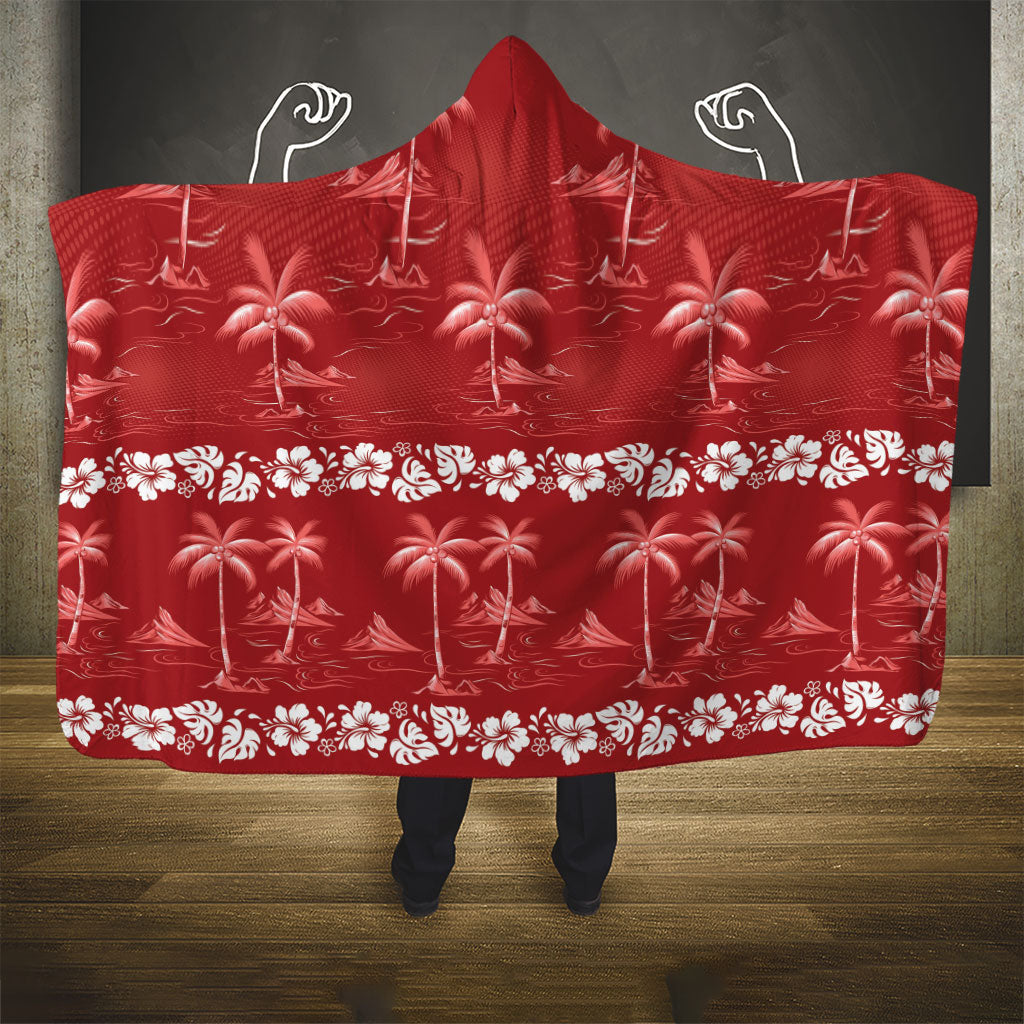 Red Hawaii Palm Tree Hibiscus Hooded Blanket Fantasy Summer Vibe
