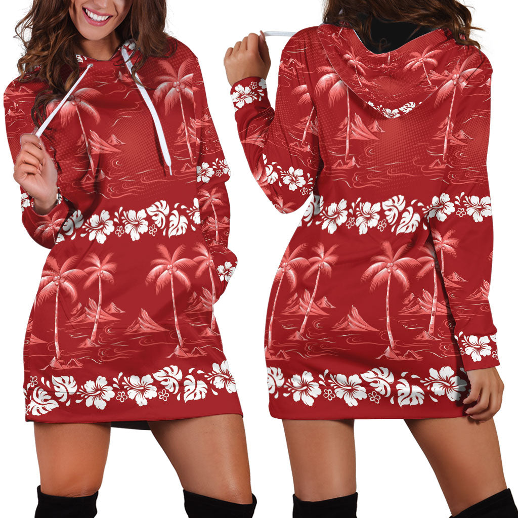 Red Hawaii Palm Tree Hibiscus Hoodie Dress Fantasy Summer Vibe