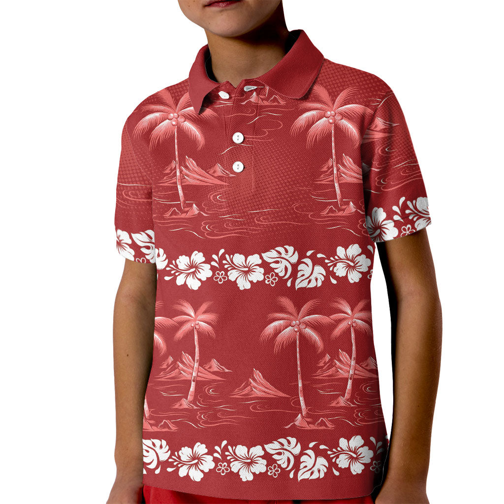 Red Hawaii Palm Tree Hibiscus Kid Polo Shirt Fantasy Summer Vibe