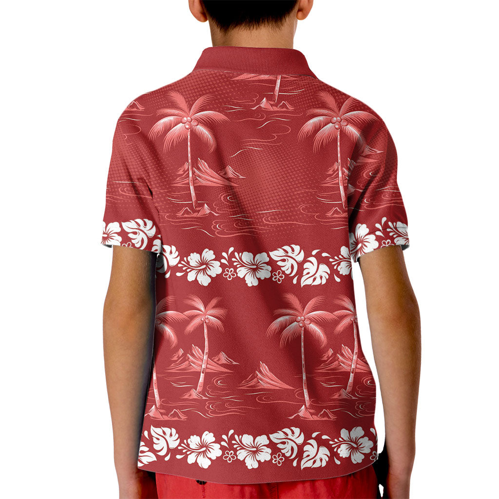 Red Hawaii Palm Tree Hibiscus Kid Polo Shirt Fantasy Summer Vibe