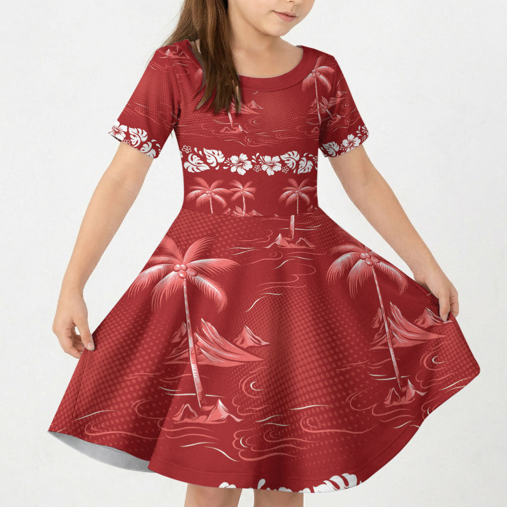 Red Hawaii Palm Tree Hibiscus Kid Short Sleeve Dress Fantasy Summer Vibe