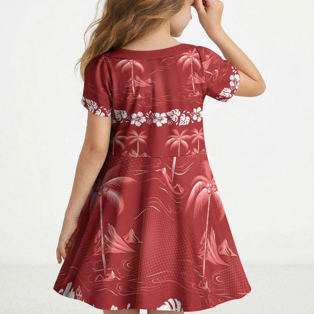 Red Hawaii Palm Tree Hibiscus Kid Short Sleeve Dress Fantasy Summer Vibe
