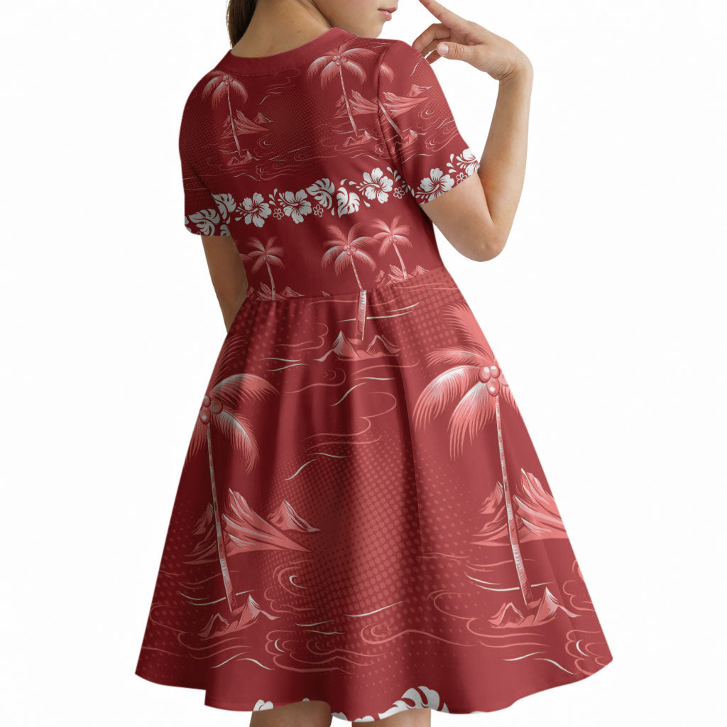 Red Hawaii Palm Tree Hibiscus Kid Short Sleeve Dress Fantasy Summer Vibe