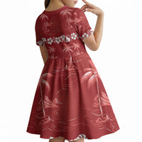 Red Hawaii Palm Tree Hibiscus Kid Short Sleeve Dress Fantasy Summer Vibe