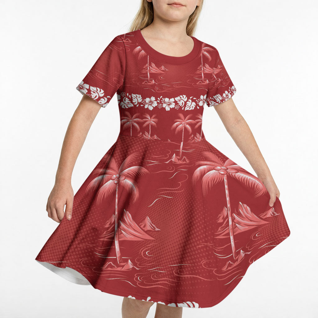 Red Hawaii Palm Tree Hibiscus Kid Short Sleeve Dress Fantasy Summer Vibe
