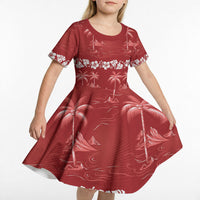 Red Hawaii Palm Tree Hibiscus Kid Short Sleeve Dress Fantasy Summer Vibe