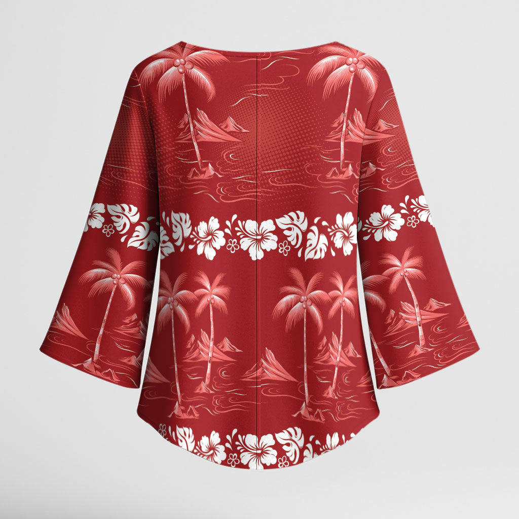 Red Hawaii Palm Tree Hibiscus Kimono Sleeve Blouse Fantasy Summer Vibe