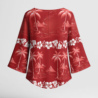 Red Hawaii Palm Tree Hibiscus Kimono Sleeve Blouse Fantasy Summer Vibe