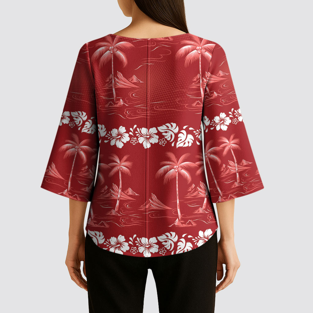 Red Hawaii Palm Tree Hibiscus Kimono Sleeve Blouse Fantasy Summer Vibe