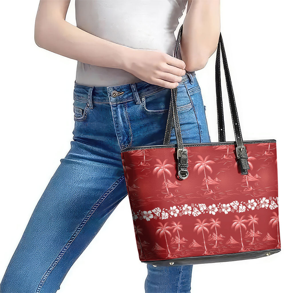Red Hawaii Palm Tree Hibiscus Leather Tote Bag Fantasy Summer Vibe