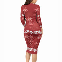 Red Hawaii Palm Tree Hibiscus Long Sleeve Bodycon Dress Fantasy Summer Vibe