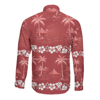 Red Hawaii Palm Tree Hibiscus Long Sleeve Button Shirt Fantasy Summer Vibe