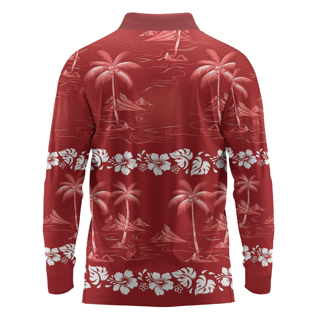 Red Hawaii Palm Tree Hibiscus Long Sleeve Polo Shirt Fantasy Summer Vibe