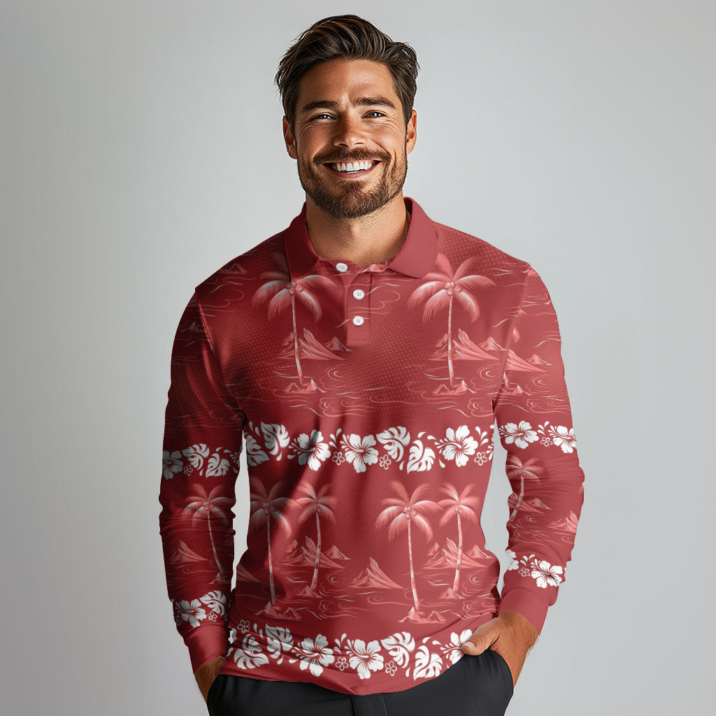 Red Hawaii Palm Tree Hibiscus Long Sleeve Polo Shirt Fantasy Summer Vibe