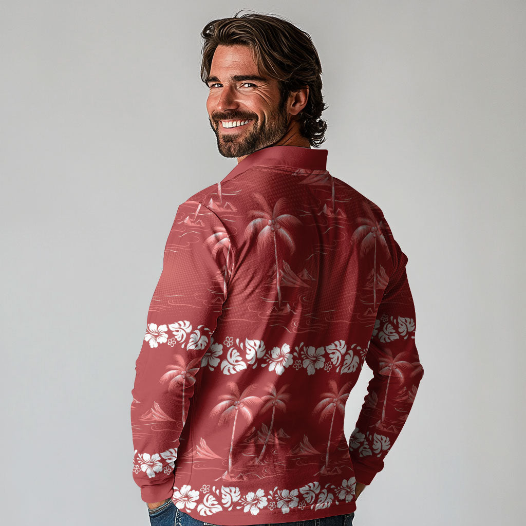 Red Hawaii Palm Tree Hibiscus Long Sleeve Polo Shirt Fantasy Summer Vibe