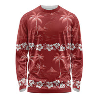 Red Hawaii Palm Tree Hibiscus Long Sleeve Shirt Fantasy Summer Vibe