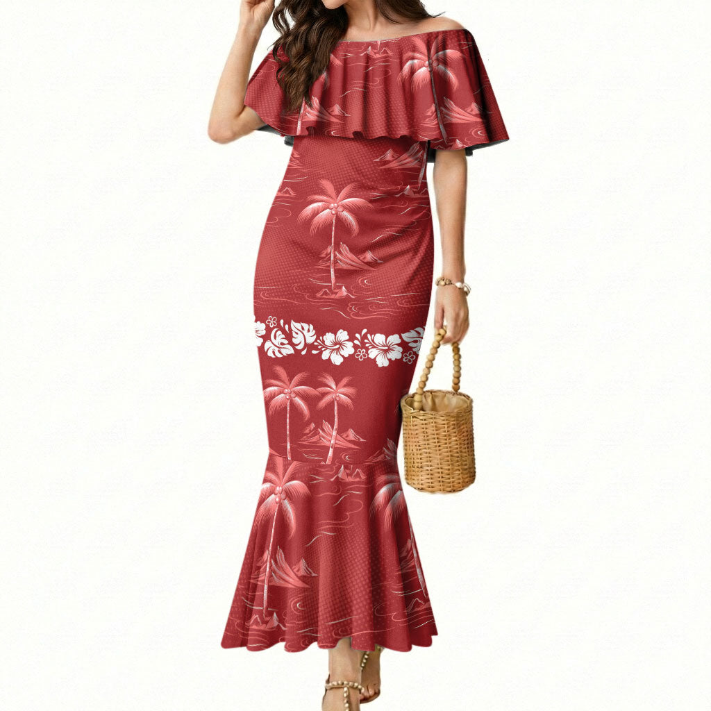 Red Hawaii Palm Tree Hibiscus Mermaid Dress Fantasy Summer Vibe
