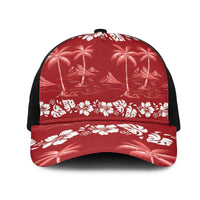 Red Hawaii Palm Tree Hibiscus Mesh Trucker Cap Fantasy Summer Vibe