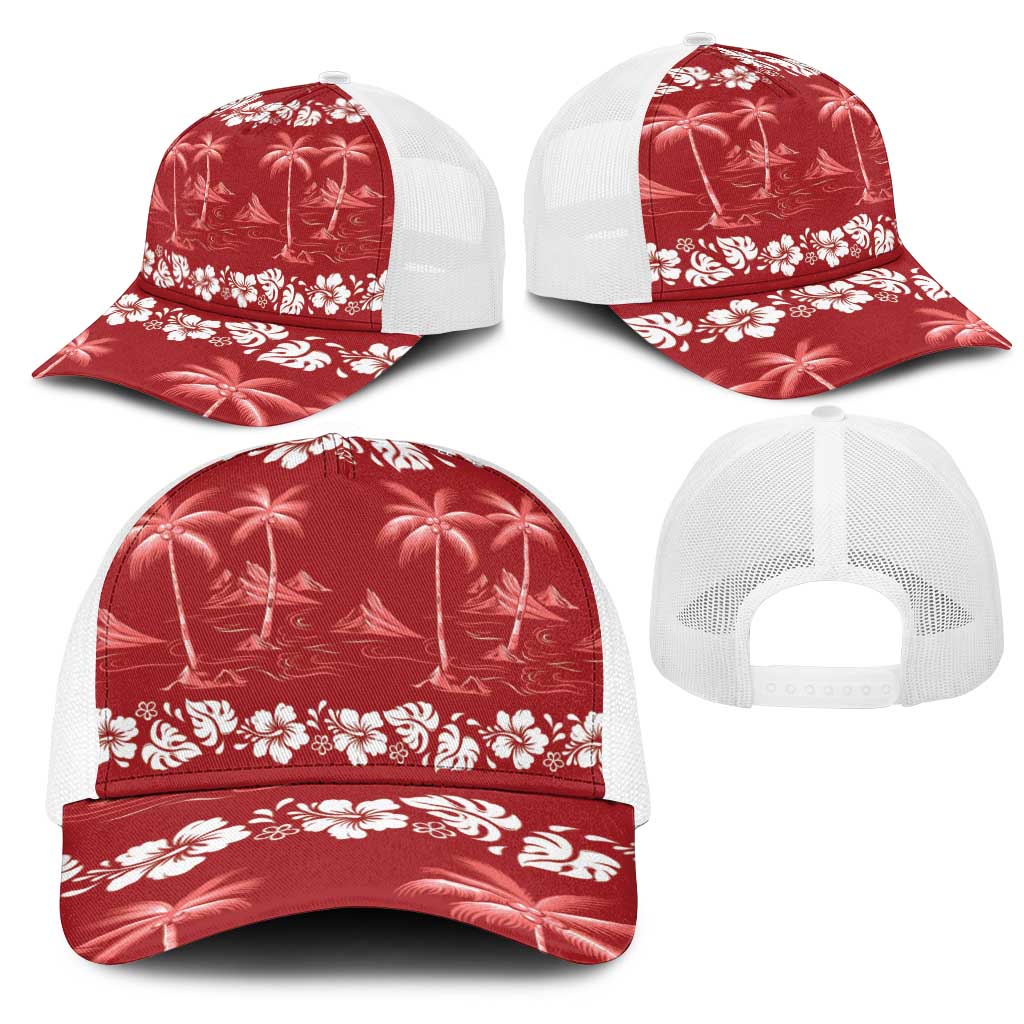 Red Hawaii Palm Tree Hibiscus Mesh Trucker Cap Fantasy Summer Vibe