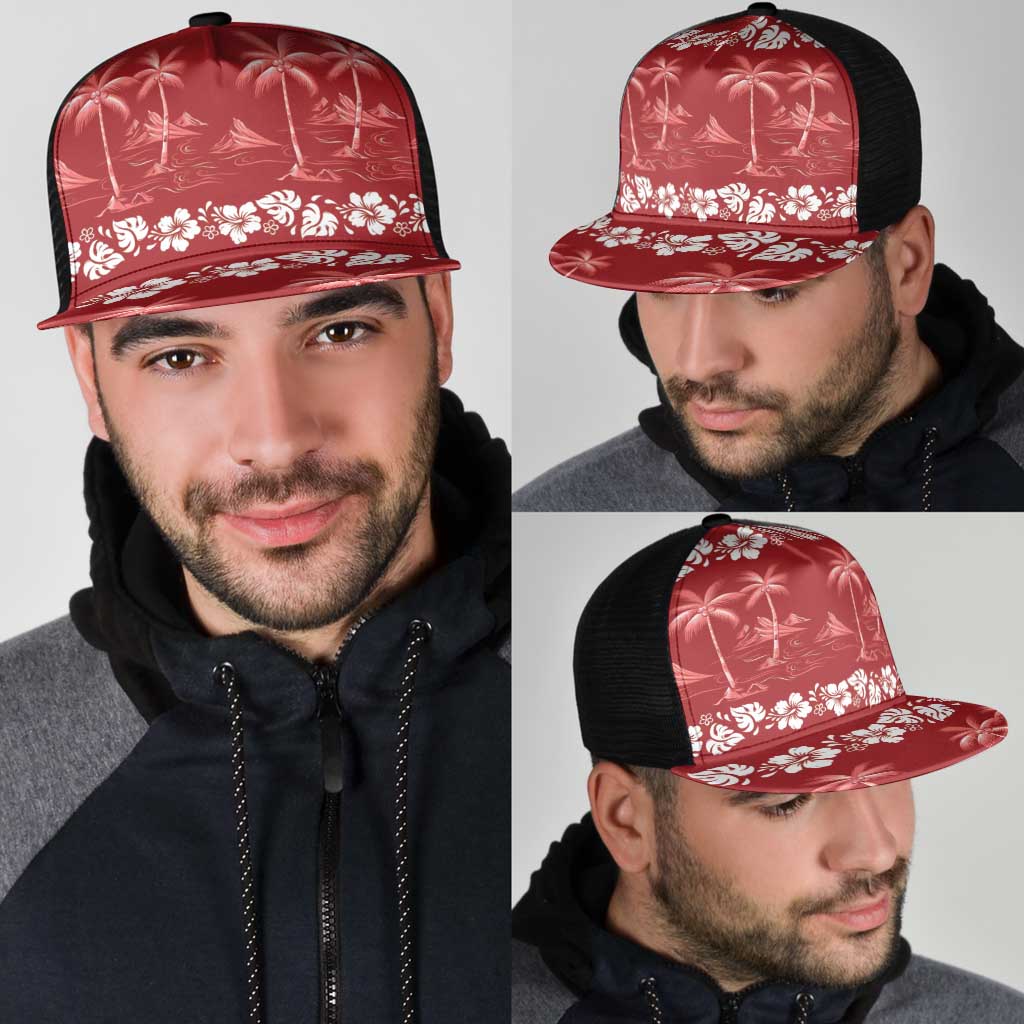 Red Hawaii Palm Tree Hibiscus Mesh Trucker Cap Fantasy Summer Vibe