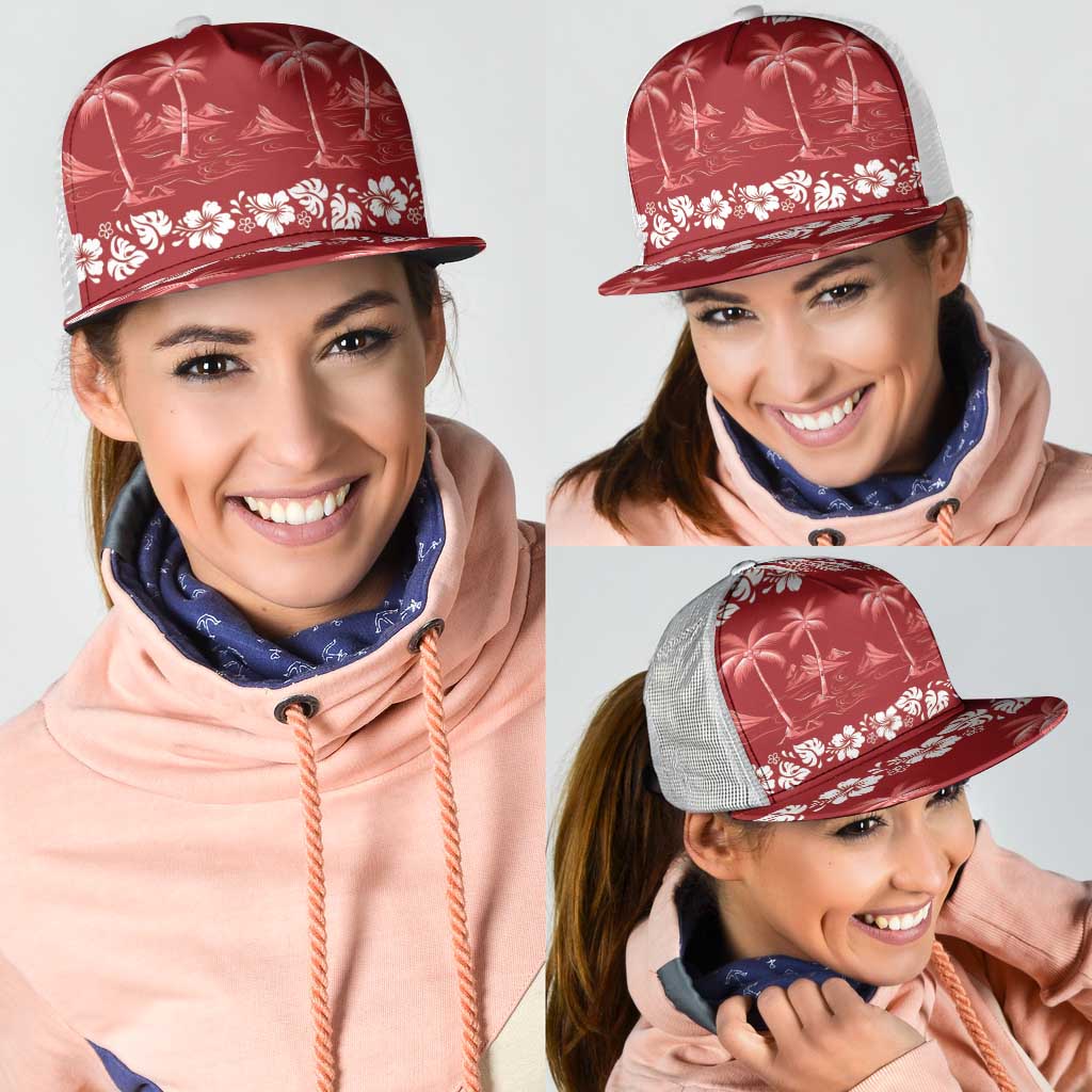 Red Hawaii Palm Tree Hibiscus Mesh Trucker Cap Fantasy Summer Vibe
