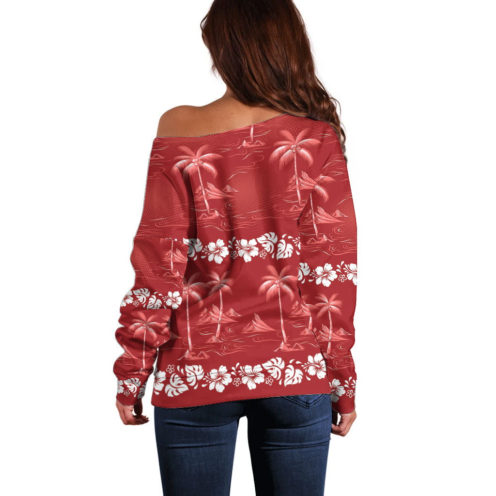 Red Hawaii Palm Tree Hibiscus Off Shoulder Sweater Fantasy Summer Vibe