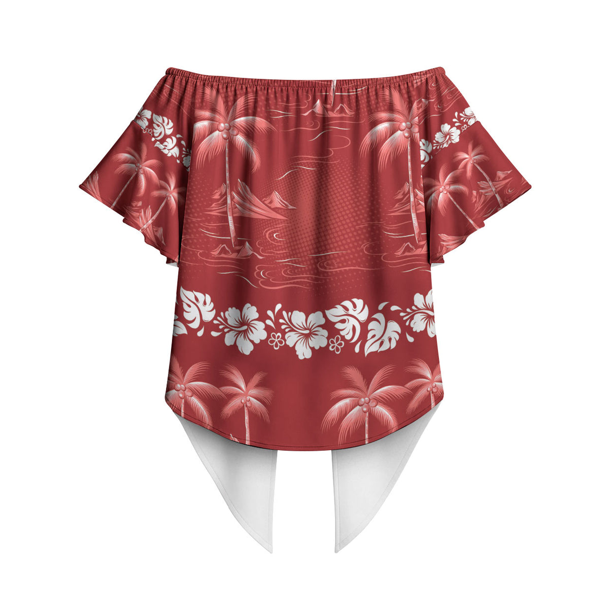 Red Hawaii Palm Tree Hibiscus Off Shoulder Wrap Waist Top Fantasy Summer Vibe