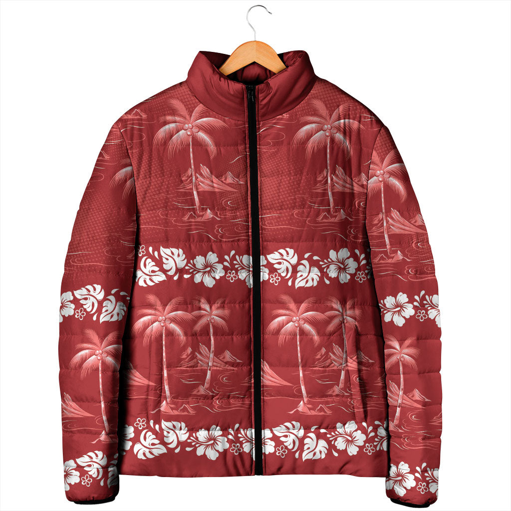 Red Hawaii Palm Tree Hibiscus Padded Jacket Fantasy Summer Vibe
