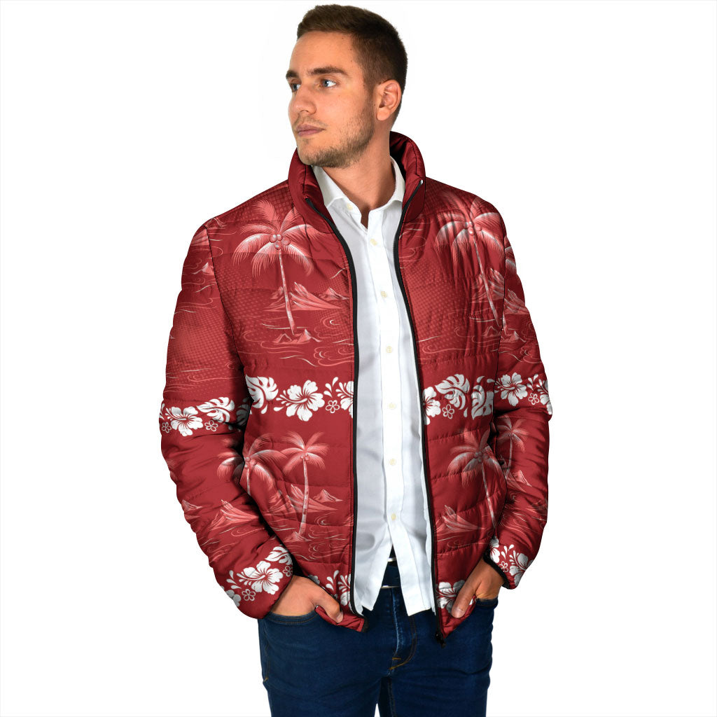 Red Hawaii Palm Tree Hibiscus Padded Jacket Fantasy Summer Vibe