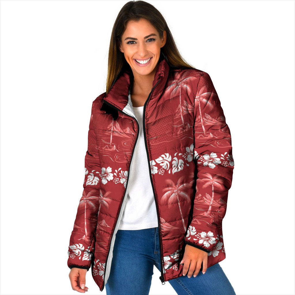 Red Hawaii Palm Tree Hibiscus Padded Jacket Fantasy Summer Vibe