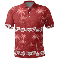Red Hawaii Palm Tree Hibiscus Polo Shirt Fantasy Summer Vibe