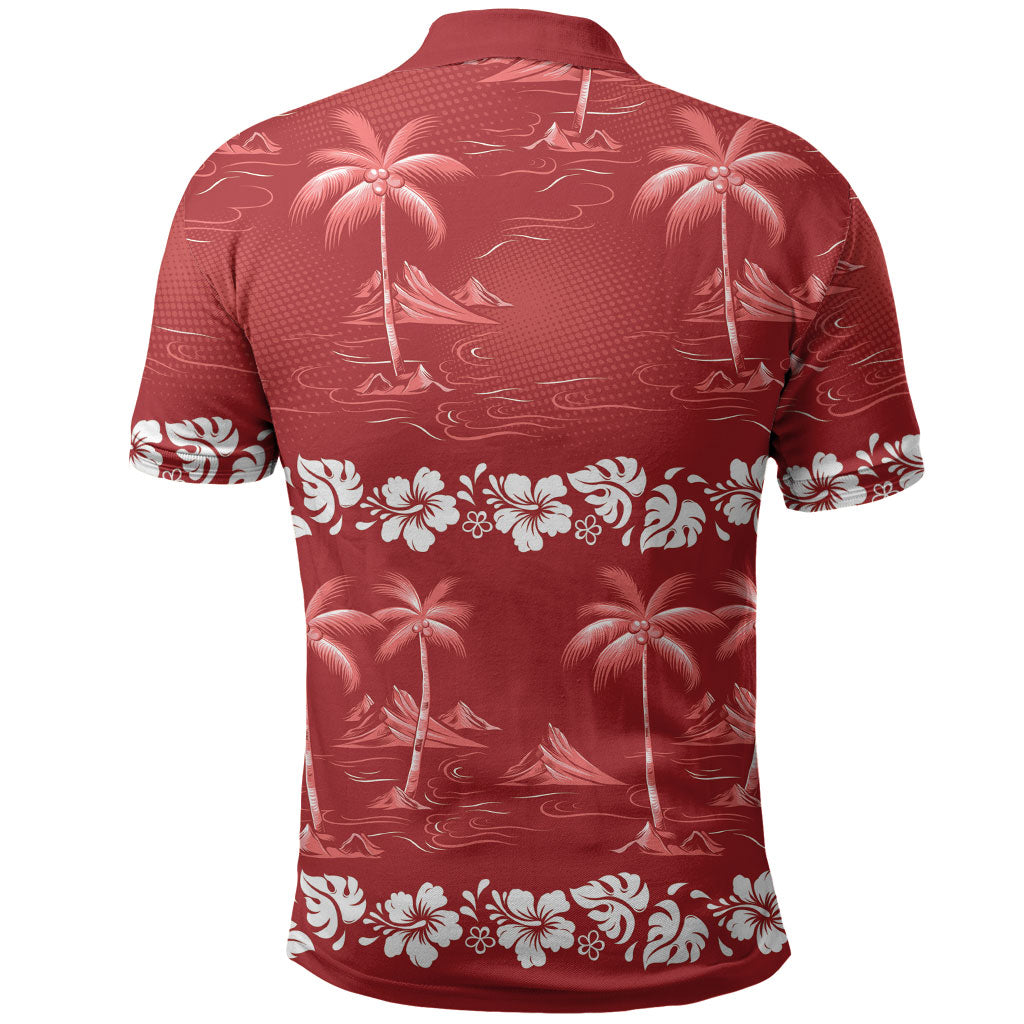 Red Hawaii Palm Tree Hibiscus Polo Shirt Fantasy Summer Vibe