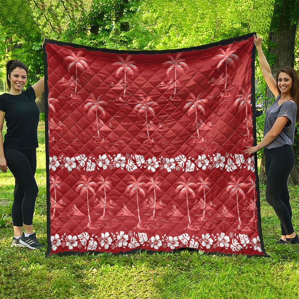 Red Hawaii Palm Tree Hibiscus Quilt Fantasy Summer Vibe