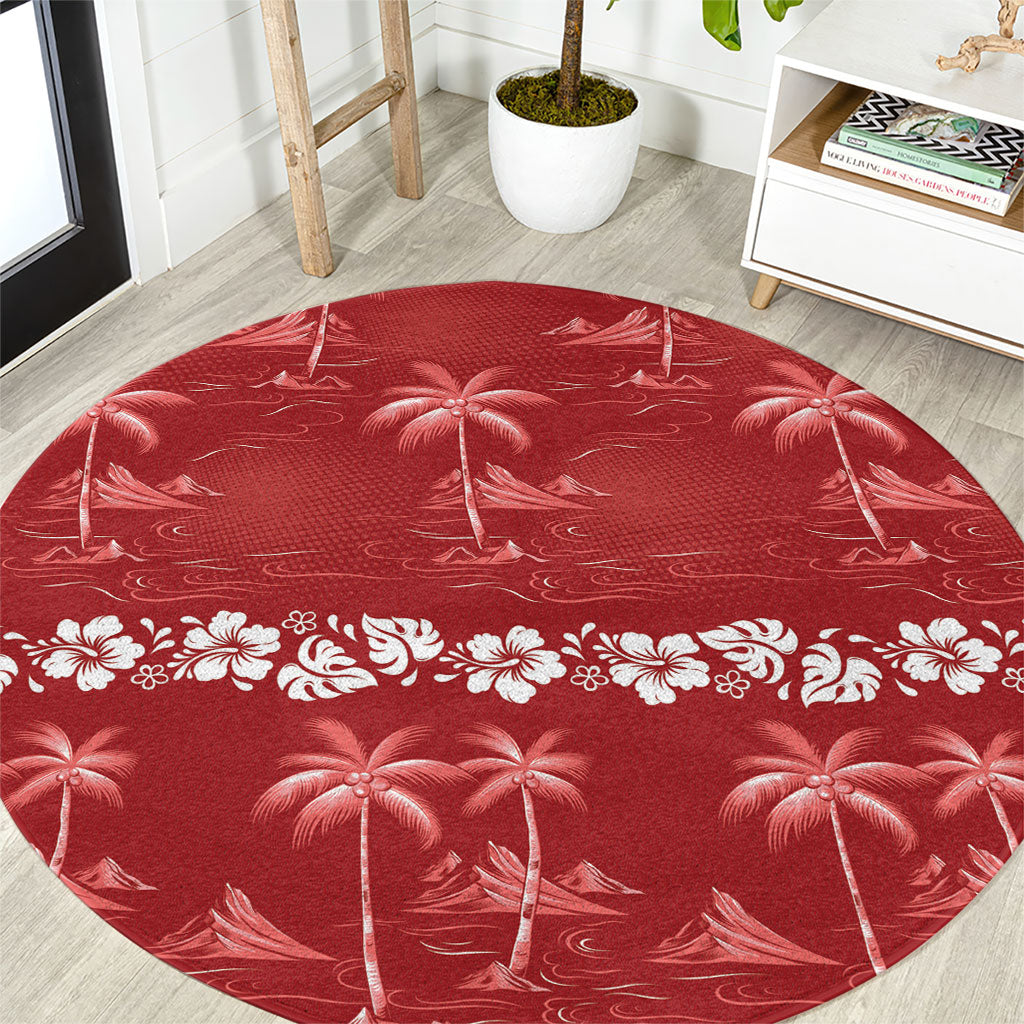 Red Hawaii Palm Tree Hibiscus Round Carpet Fantasy Summer Vibe