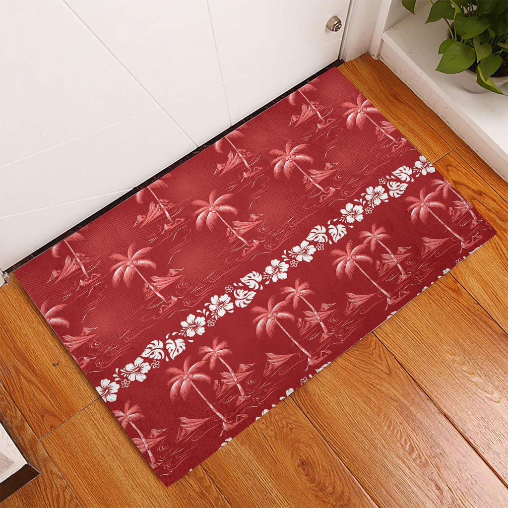 Red Hawaii Palm Tree Hibiscus Rubber Doormat Fantasy Summer Vibe