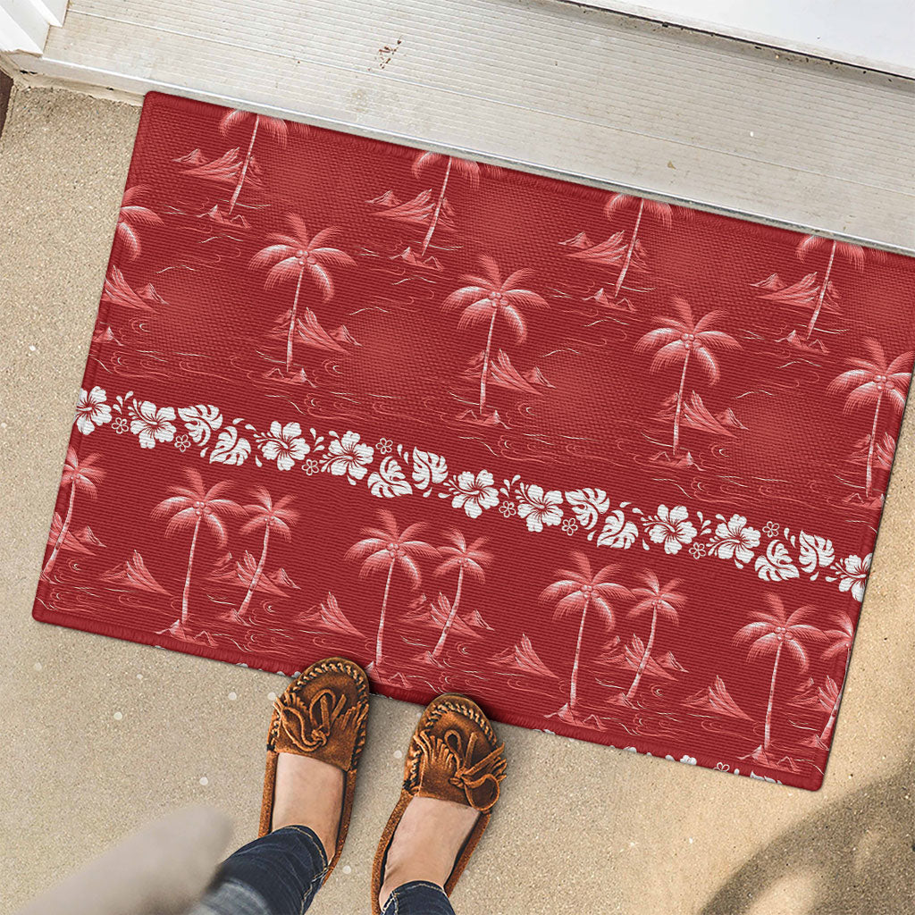 Red Hawaii Palm Tree Hibiscus Rubber Doormat Fantasy Summer Vibe