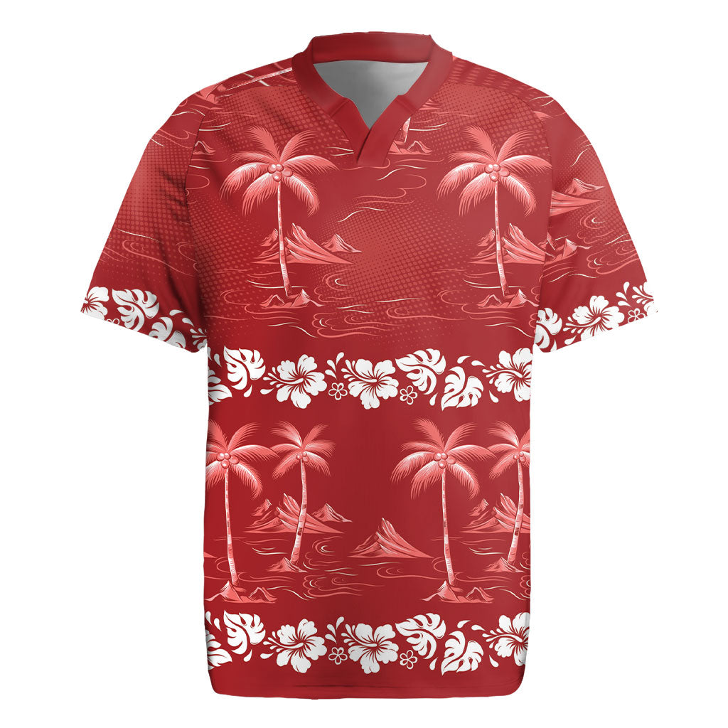 Red Hawaii Palm Tree Hibiscus Rugby Jersey Fantasy Summer Vibe