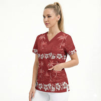 Red Hawaii Palm Tree Hibiscus Scrub Top Fantasy Summer Vibe