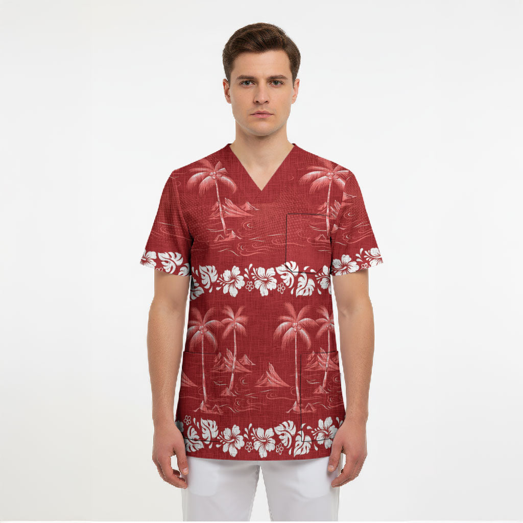 Red Hawaii Palm Tree Hibiscus Scrub Top Fantasy Summer Vibe