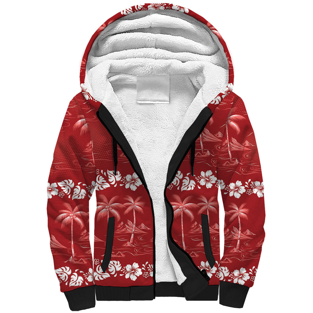 Red Hawaii Palm Tree Hibiscus Sherpa Hoodie Fantasy Summer Vibe