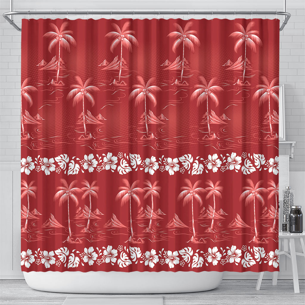 Red Hawaii Palm Tree Hibiscus Shower Curtain Fantasy Summer Vibe