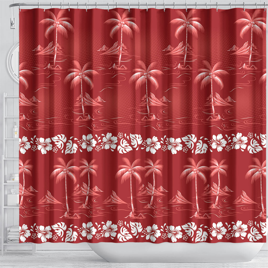 Red Hawaii Palm Tree Hibiscus Shower Curtain Fantasy Summer Vibe