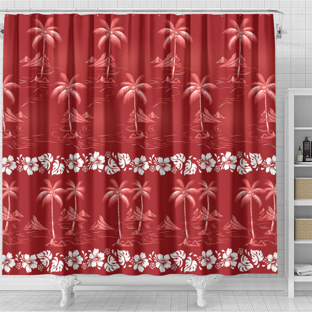 Red Hawaii Palm Tree Hibiscus Shower Curtain Fantasy Summer Vibe