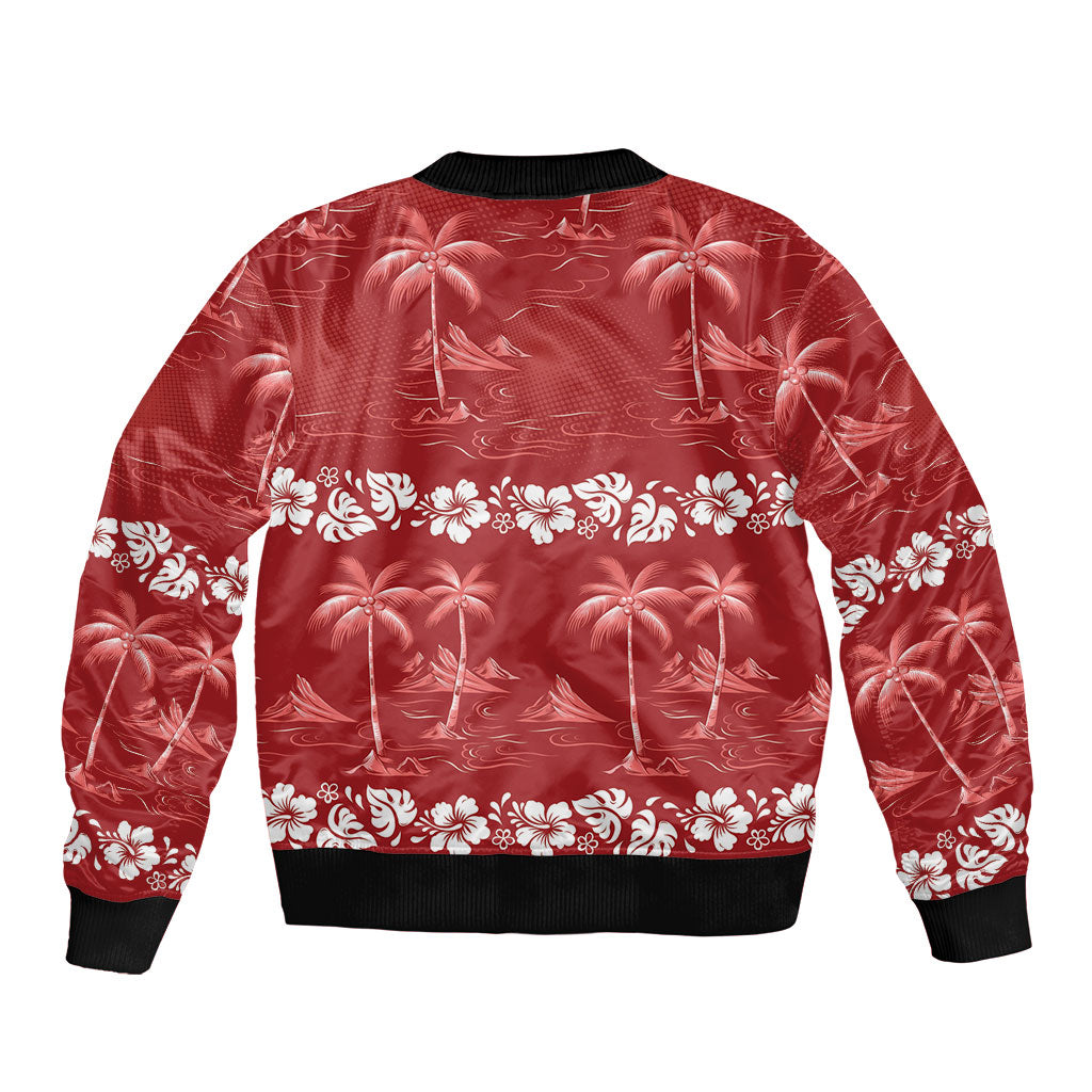 Red Hawaii Palm Tree Hibiscus Sleeve Zip Bomber Jacket Fantasy Summer Vibe