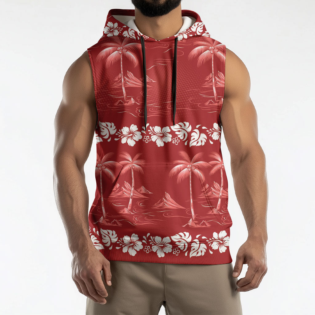 Red Hawaii Palm Tree Hibiscus Sleeveless Hoodie Fantasy Summer Vibe