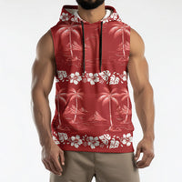 Red Hawaii Palm Tree Hibiscus Sleeveless Hoodie Fantasy Summer Vibe