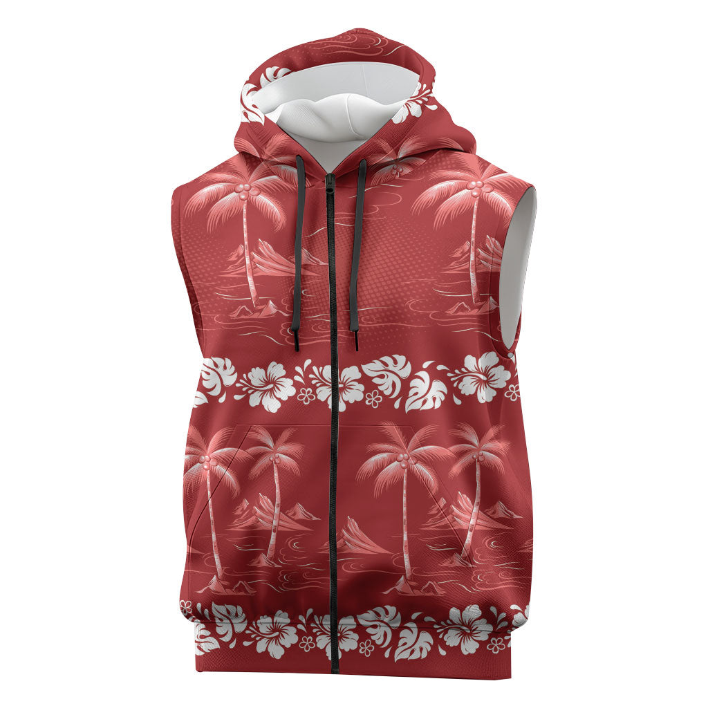 Red Hawaii Palm Tree Hibiscus Sleeveless Zip Hoodie Fantasy Summer Vibe