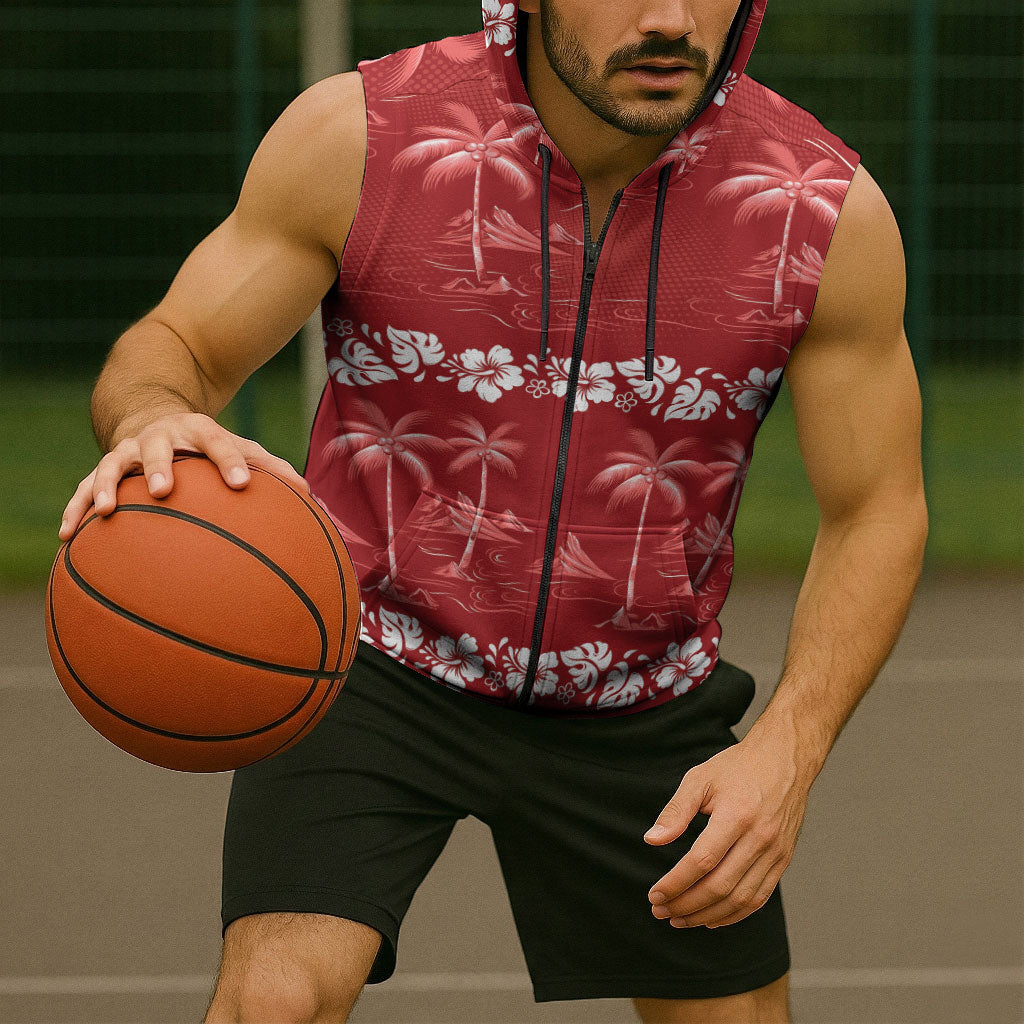 Red Hawaii Palm Tree Hibiscus Sleeveless Zip Hoodie Fantasy Summer Vibe