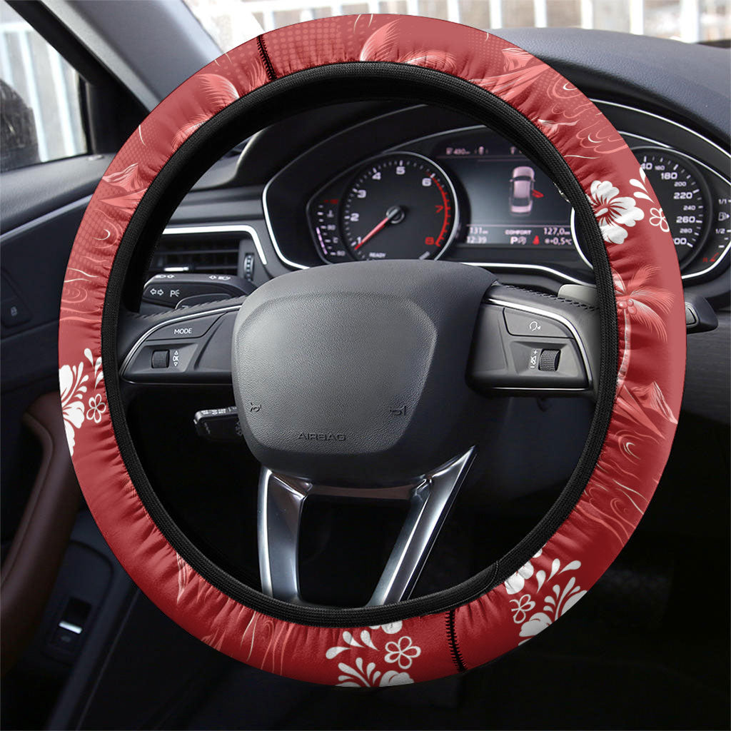 Red Hawaii Palm Tree Hibiscus Steering Wheel Cover Fantasy Summer Vibe